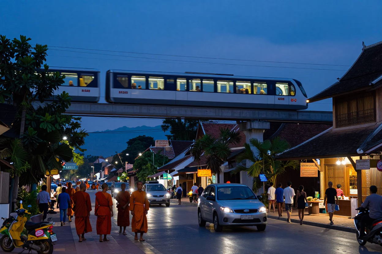 Indigo Twilight Street Scene in Luang Prabang Laos with Monks and Monorail in in Luang Prabang, Laos