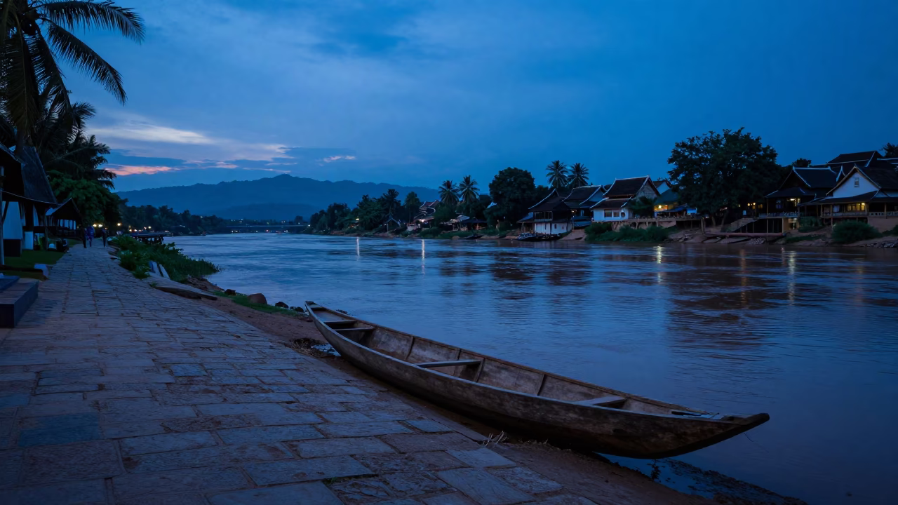 Indigo Twilight Street Scene in Luang Prabang Laos with Wooden Canoe in in Luang Prabang, Laos