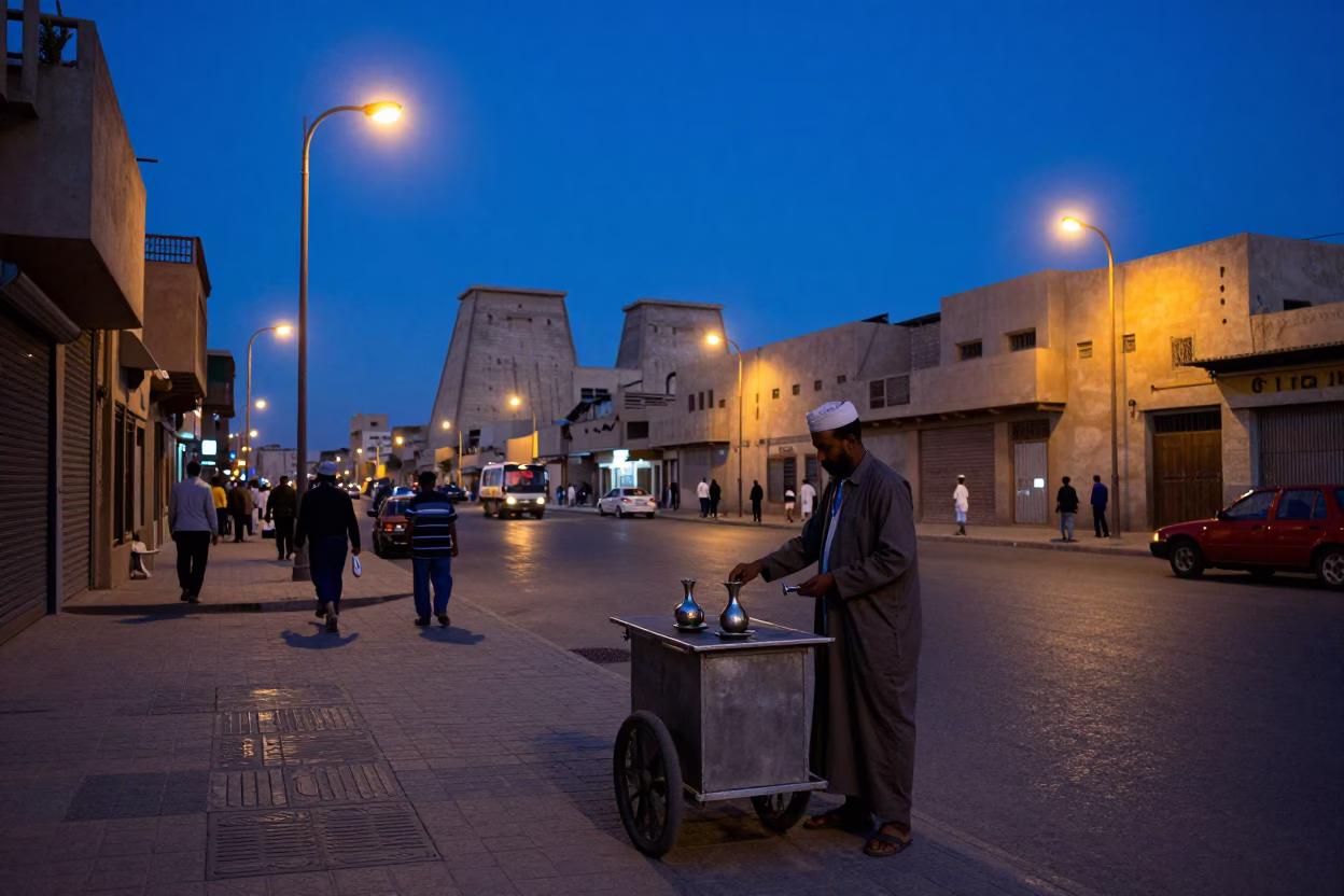 Indigo Twilight Street Scene in Luxor Egypt with Carafe and Saucer on Busy Table in in Luxor, Egypt