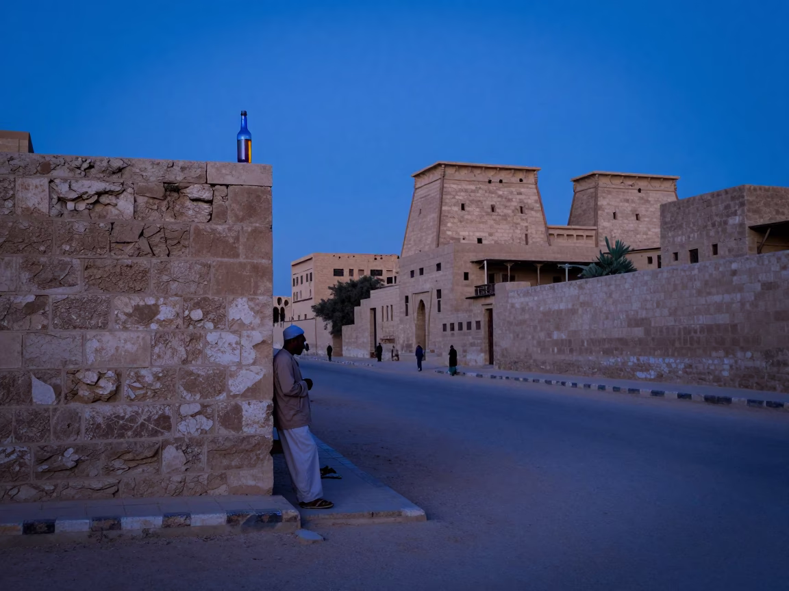 Indigo Twilight Street Scene in Luxor Egypt with Colored Glass Bottle in in Luxor, Egypt