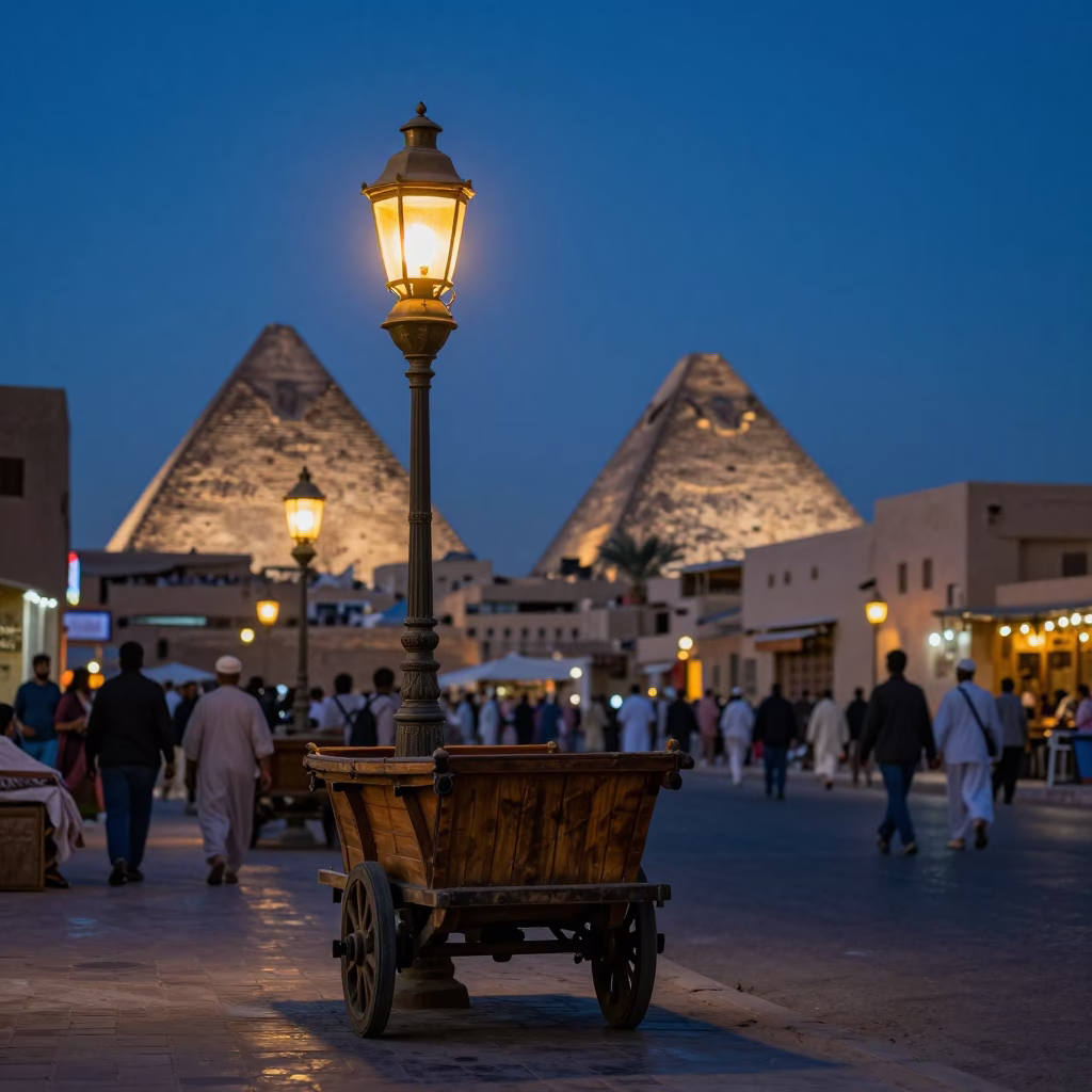 Indigo Twilight Street Scene in Luxor Egypt with Hurricane Lamp and Mezze Platter in in Luxor, Egypt