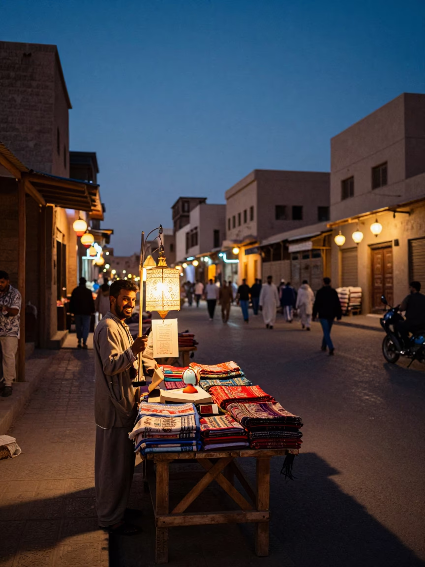 Indigo Twilight Street Scene in Luxor Egypt with Lanterns and Local Life in in Luxor, Egypt
