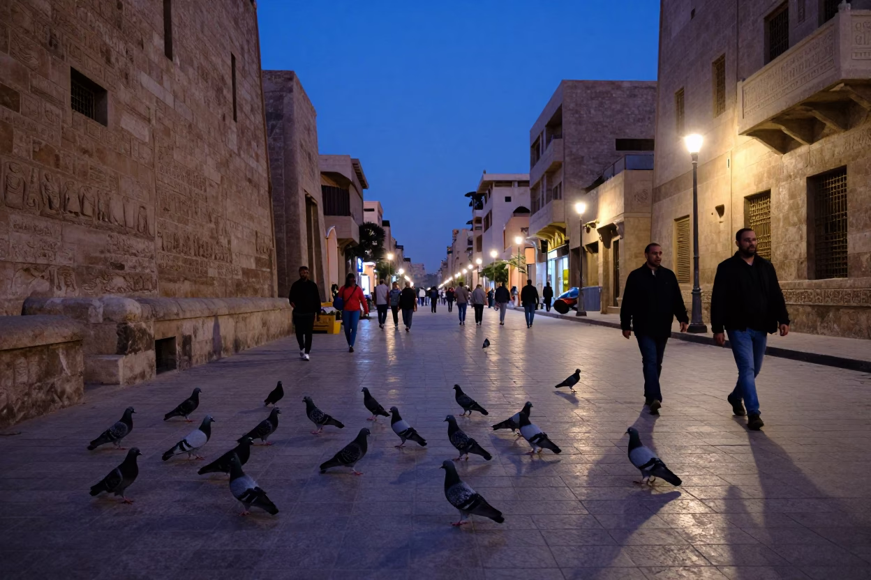 Indigo Twilight Street Scene in Luxor Egypt with Pigeons and Pedestrian Activity in in Luxor, Egypt
