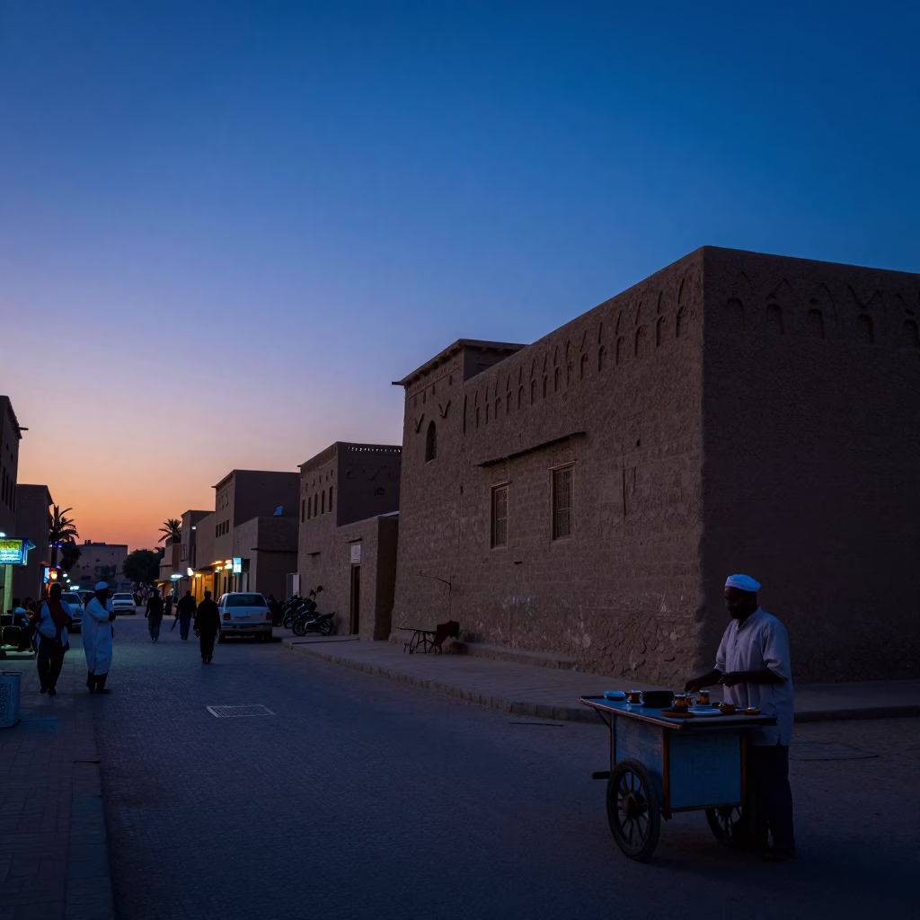 Indigo Twilight Street Scene in Luxor Egypt with Tea and Local Life in in Luxor, Egypt