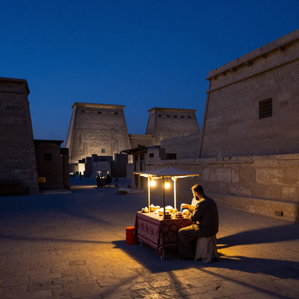 Indigo Twilight Street Scene in Luxor Egypt with Traditional Tea Service and Local Activity in in Luxor, Egypt