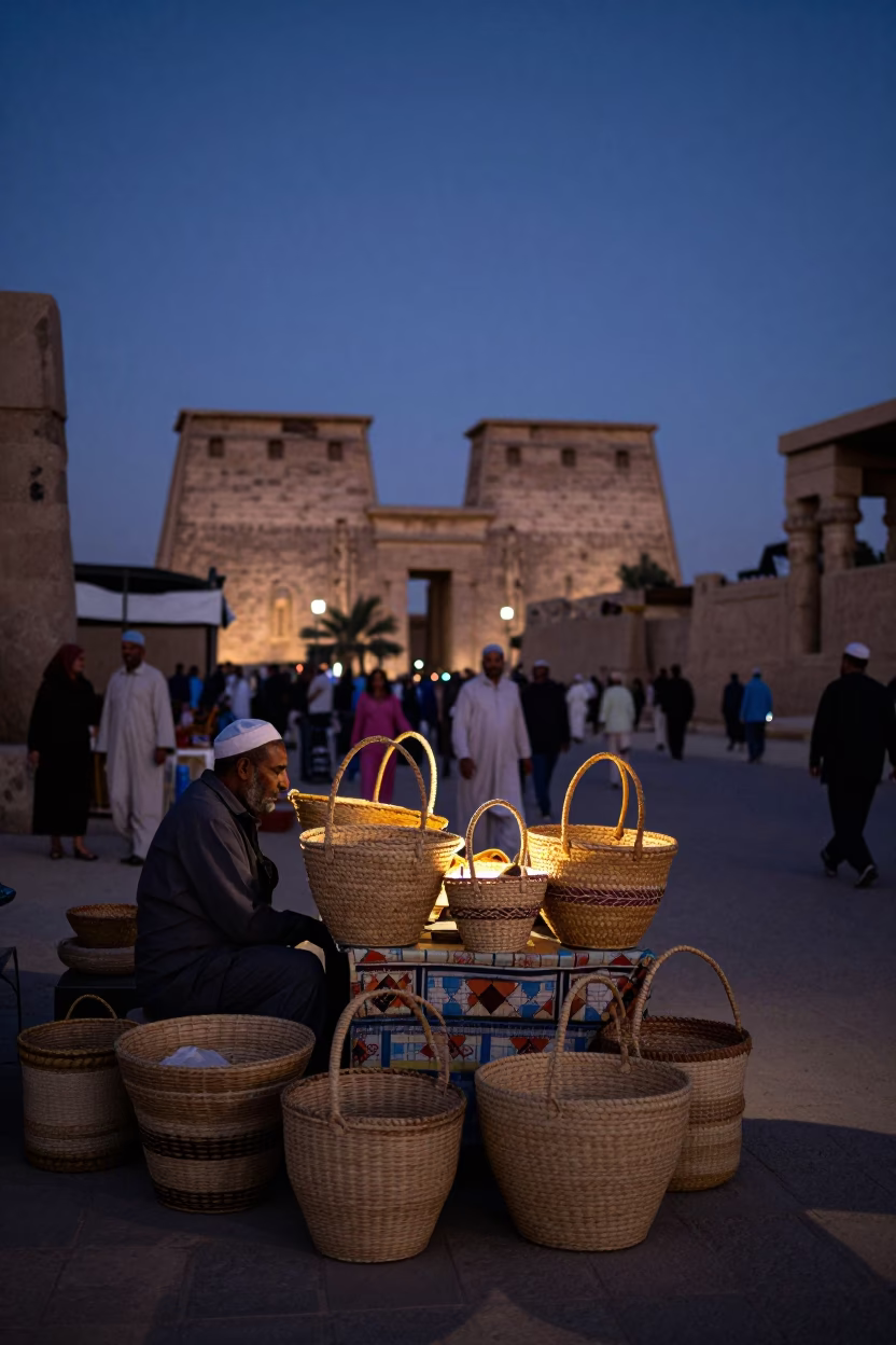 Indigo Twilight Street Scene in Luxor Egypt with Woven Baskets and Local Commerce in in Luxor, Egypt