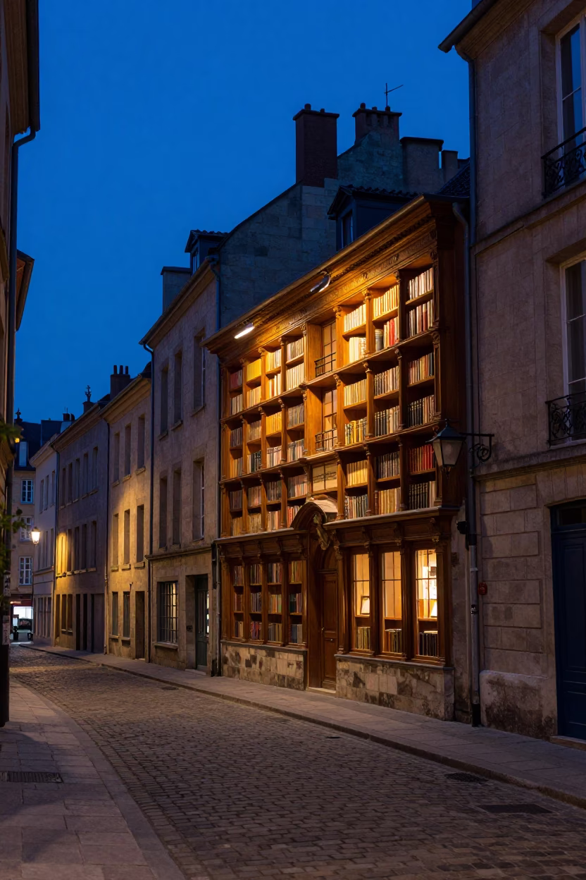 Indigo Twilight Street Scene in Lyon France with Amber Lit Library Carrel in in Lyon, France