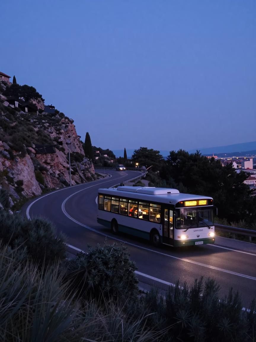 Indigo Twilight Street Scene in Lyon France with Classic Bus and Wisteria in in Lyon, France
