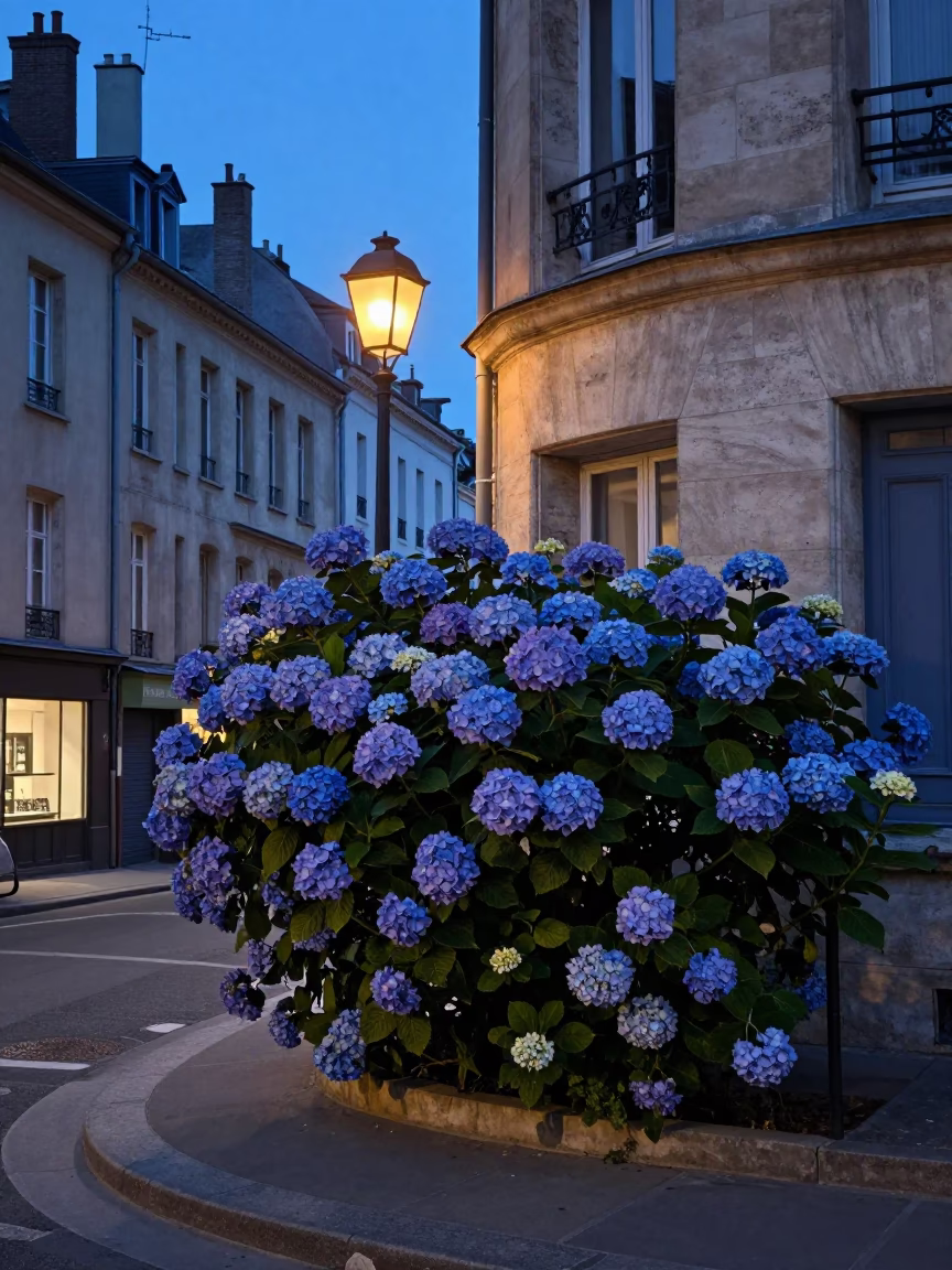 Indigo Twilight Street Scene in Lyon France with Hydrangea Bush and Stone Architecture in in Lyon, France