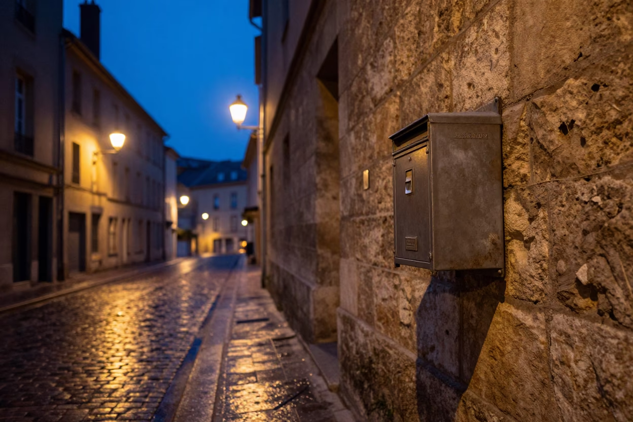 Indigo Twilight Street Scene in Lyon France with Mailbox and Korean Jindo Dog in in Lyon, France