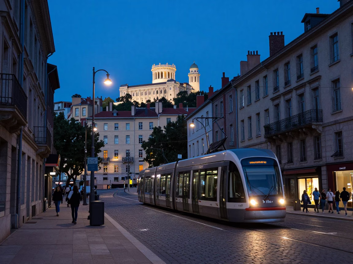 Indigo Twilight Street Scene in Lyon France with Tram and Historic Architecture in in Lyon, France