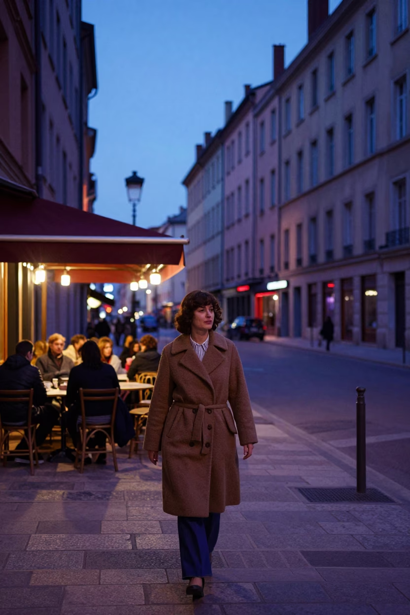 Indigo Twilight Street Scene in Lyon France with Vintage 1970s Aesthetic and Local Details in in Lyon, France