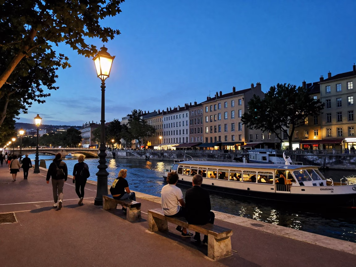 Indigo Twilight Street Scene in Lyon France with Vintage 1970s Atmosphere in in Lyon, France