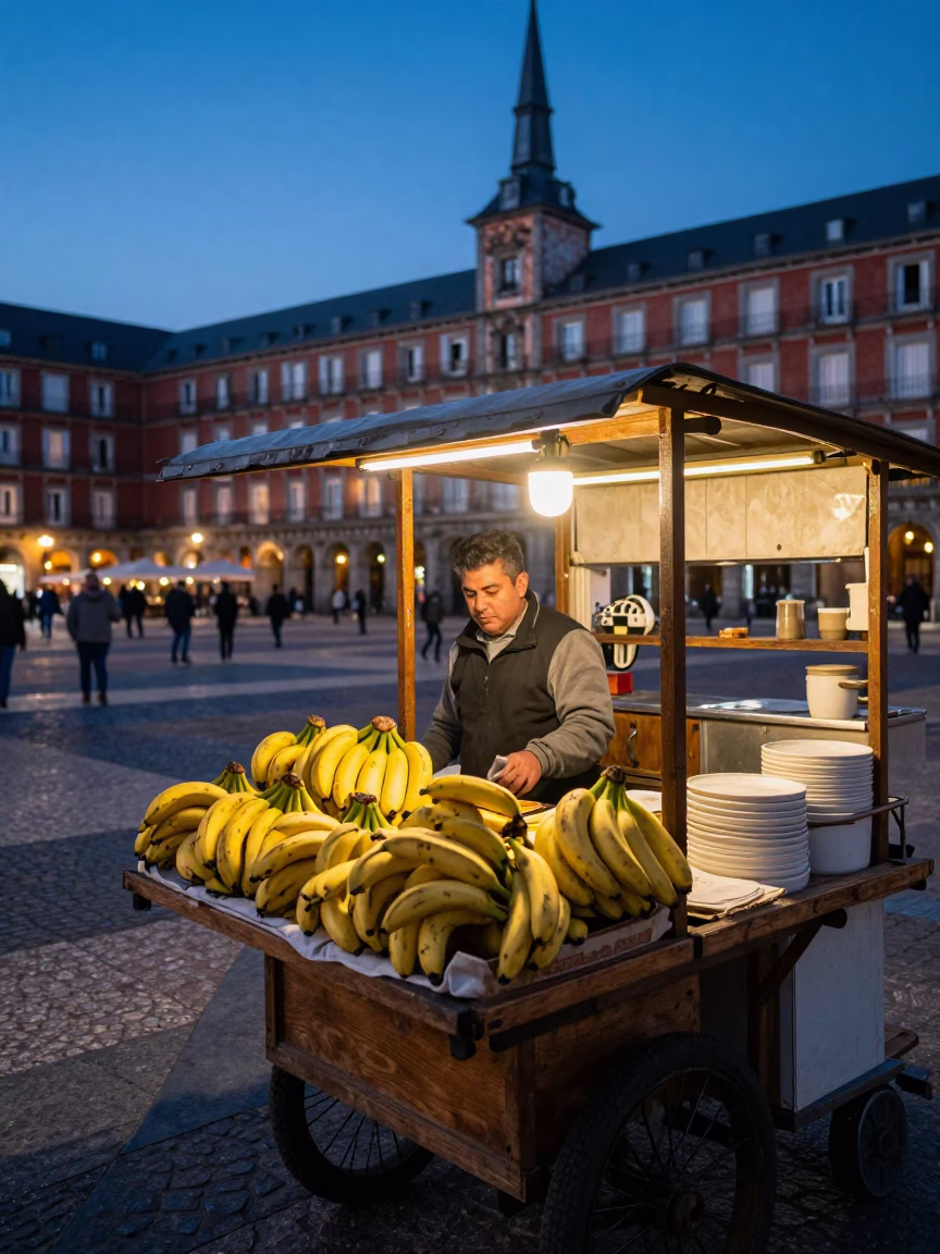 Indigo Twilight Street Scene in Madrid Spain with Bananas and Kitchen Timer in in Madrid, Spain