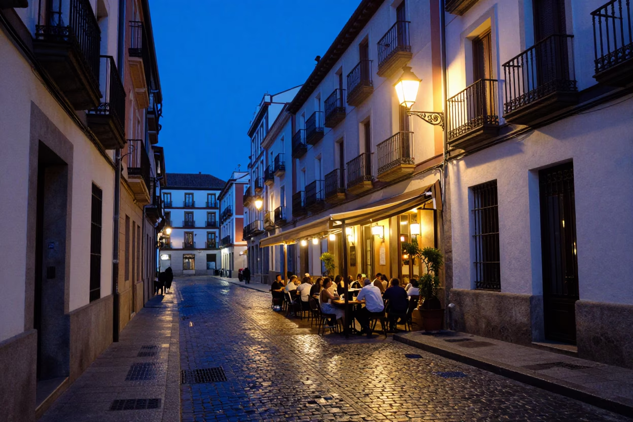 Indigo Twilight Street Scene in Madrid Spain with Blue White Porcelain Cup in in Madrid, Spain