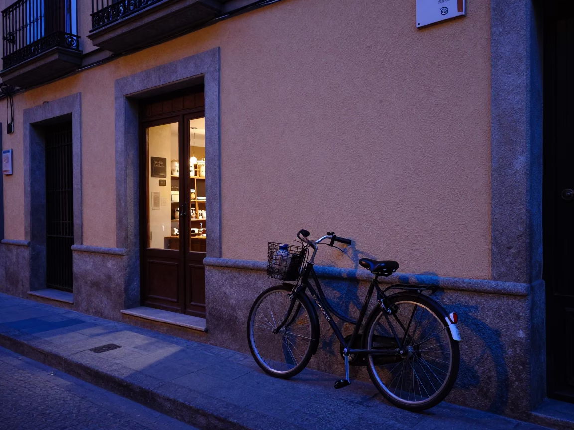 Indigo Twilight Street Scene in Madrid Spain with Ceramic Pitcher and Bicycle in in Madrid, Spain