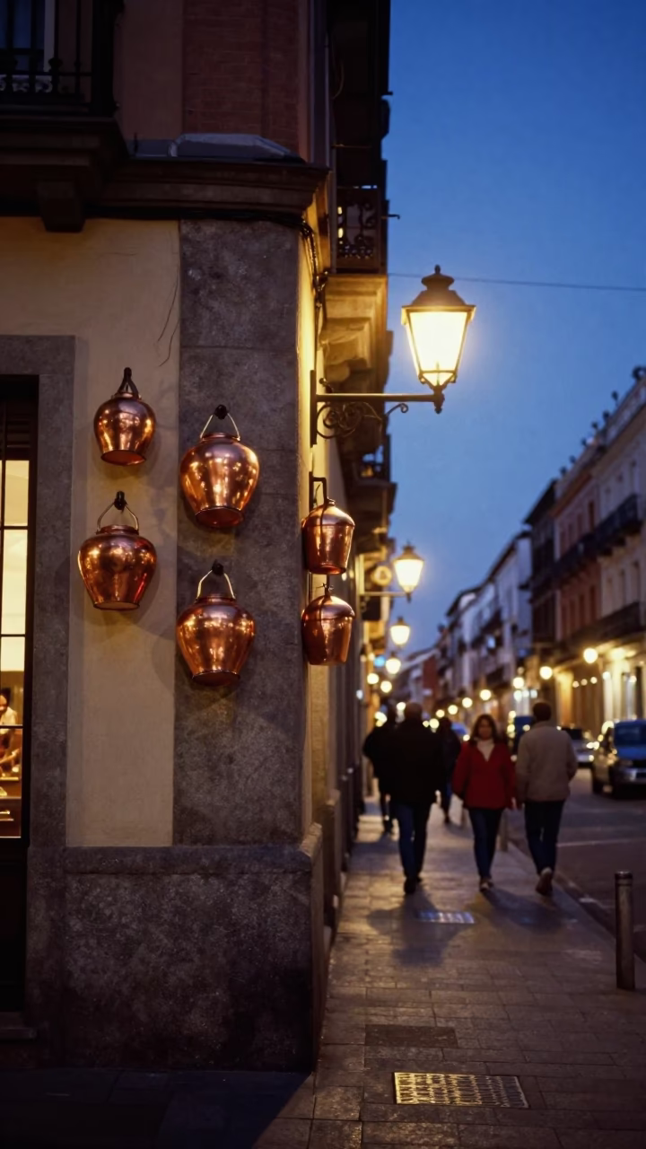 Indigo Twilight Street Scene in Madrid Spain with Copper Pots and Warm Interior Lights in in Madrid, Spain
