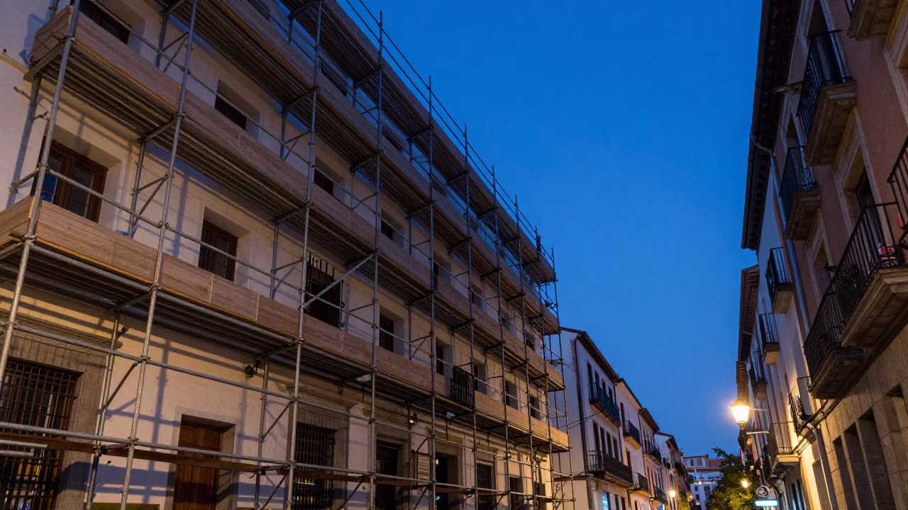 Indigo Twilight Street Scene in Madrid Spain with Scaffold and Wooden Ladder in in Madrid, Spain