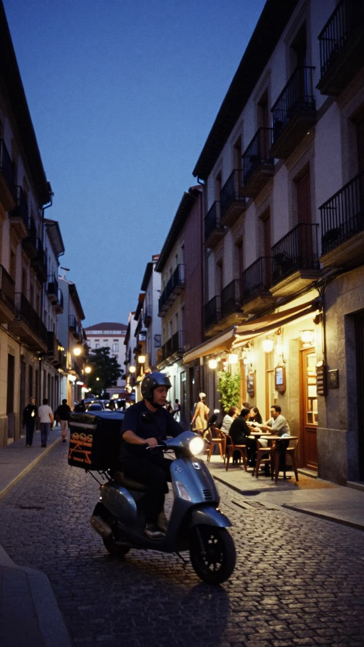 Indigo Twilight Street Scene in Madrid Spain with Scooter and Ceramic Pitcher in in Madrid, Spain