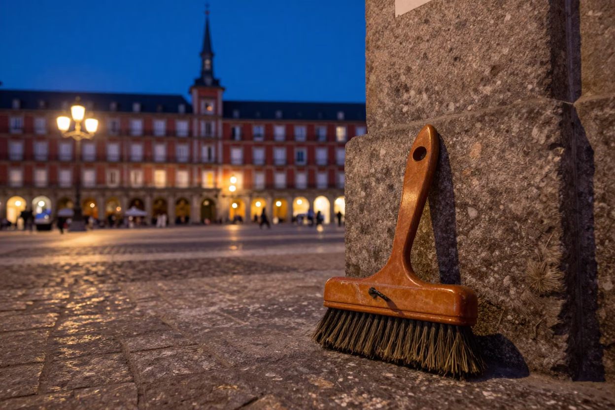 Indigo Twilight Street Scene in Madrid Spain with Vintage Coat Brush and Pickle Jar in in Madrid, Spain