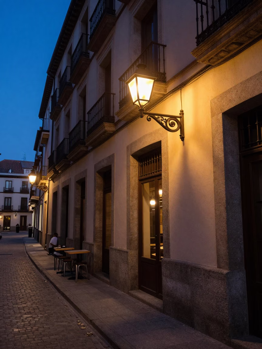 Indigo Twilight Street Scene in Madrid Spain with Wall Sconce Lighting Outdoor Cafe in in Madrid, Spain