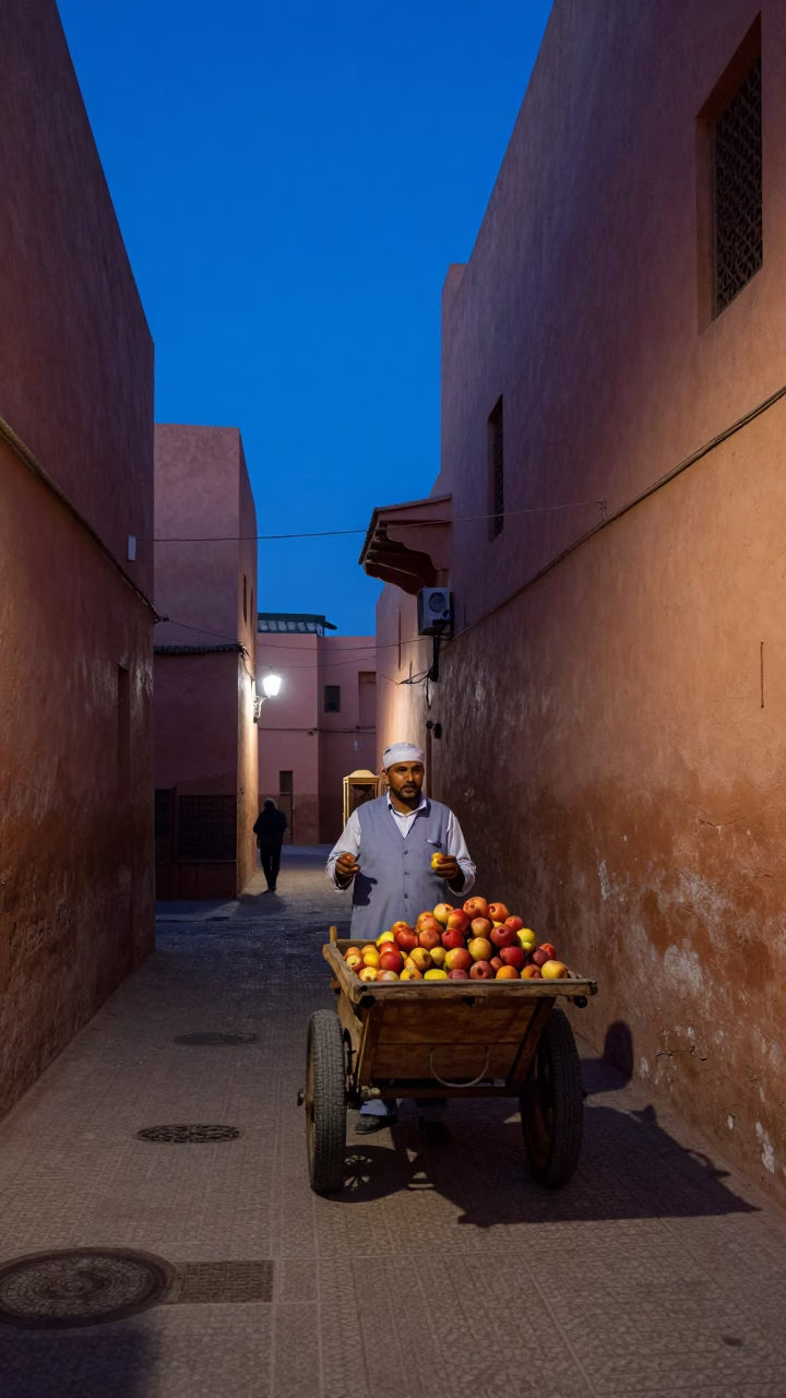 Indigo Twilight Street Scene in Marrakech Morocco with Apples and Coal Scuttle in in Marrakech, Morocco