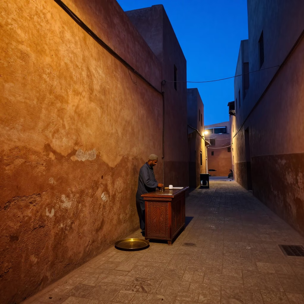 Indigo Twilight Street Scene in Marrakech Morocco with Brass Tray and Local Interaction in in Marrakech, Morocco