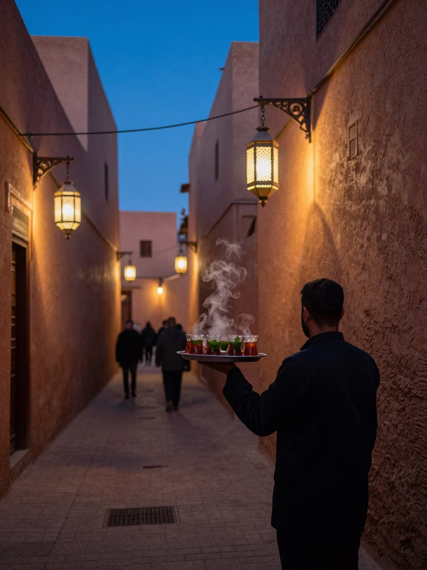 Indigo Twilight Street Scene in Marrakech Morocco with Lanterns and Tea Service in in Marrakech, Morocco