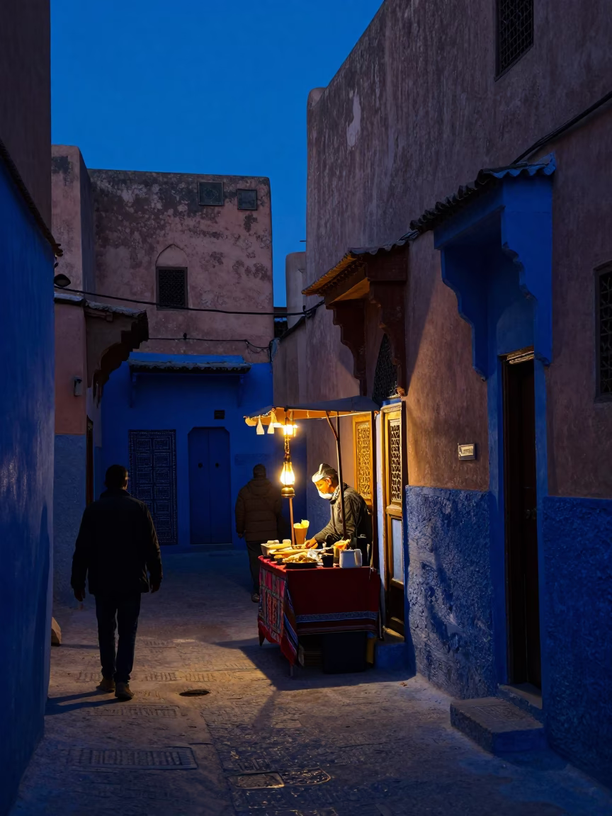Indigo Twilight Street Scene in Marrakech Morocco with Lanterns and Weathered Architecture in in Marrakech, Morocco