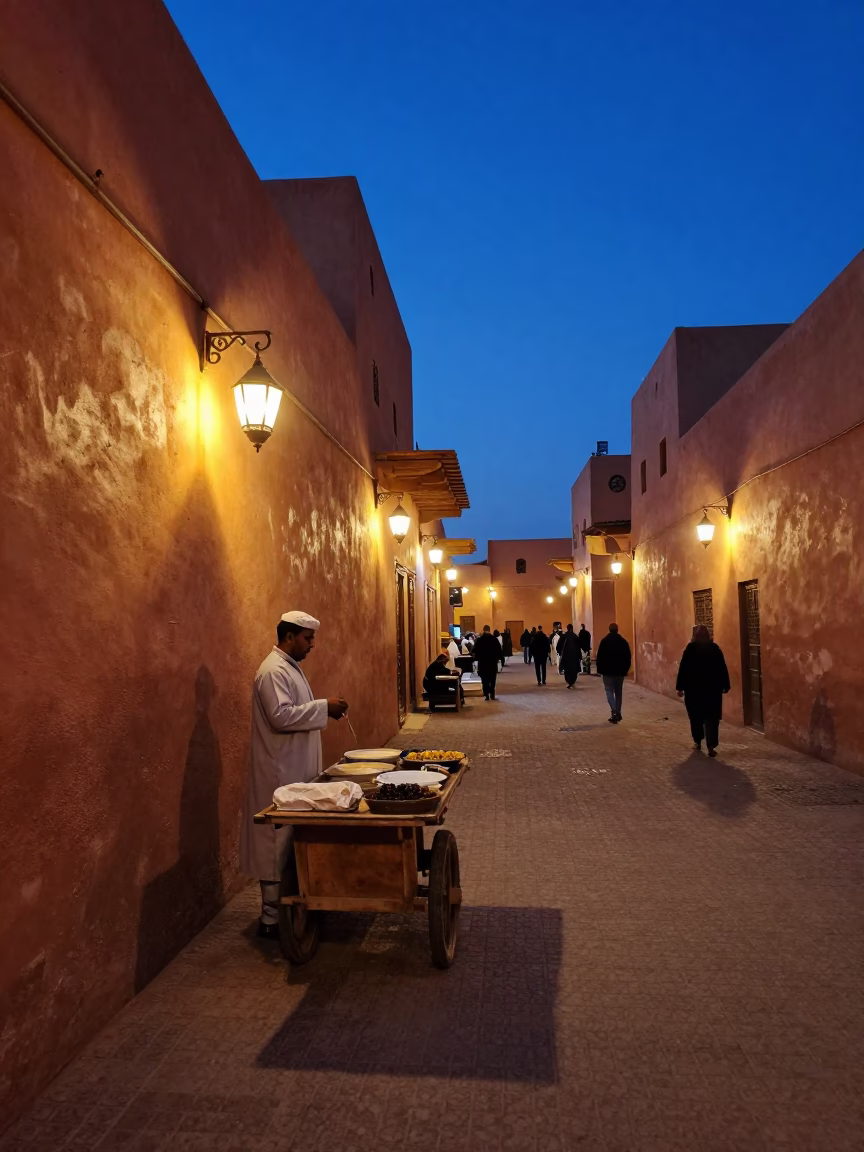 Indigo Twilight Street Scene in Marrakech Morocco with Local Vendor and Traditional Basket in in Marrakech, Morocco