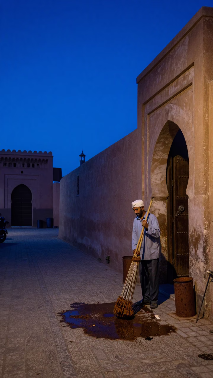 Indigo Twilight Street Scene in Marrakech Morocco with Mops and Rusty Stool in in Marrakech, Morocco