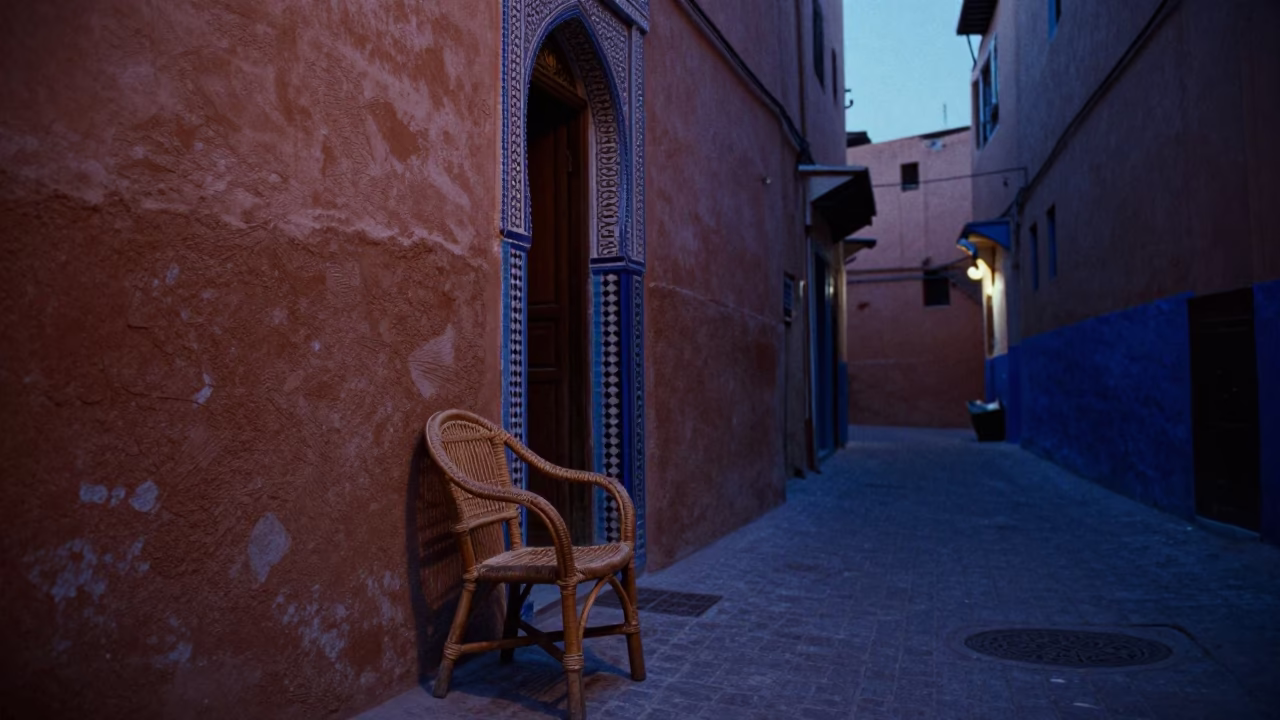 Indigo Twilight Street Scene in Marrakech Morocco with Rattan Chair and Books in in Marrakech, Morocco