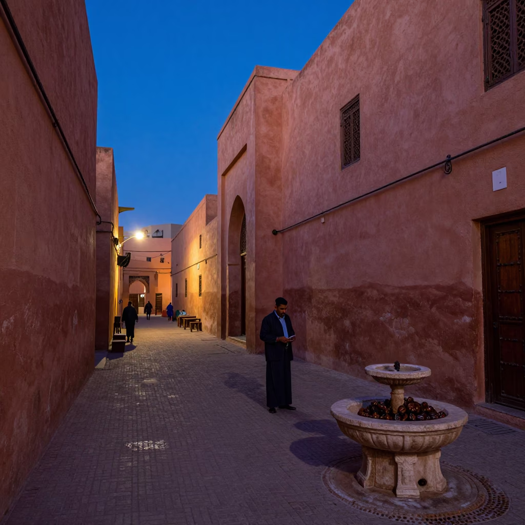 Indigo Twilight Street Scene in Marrakech Morocco with Traditional Maamoul Date Cookies in in Marrakech, Morocco