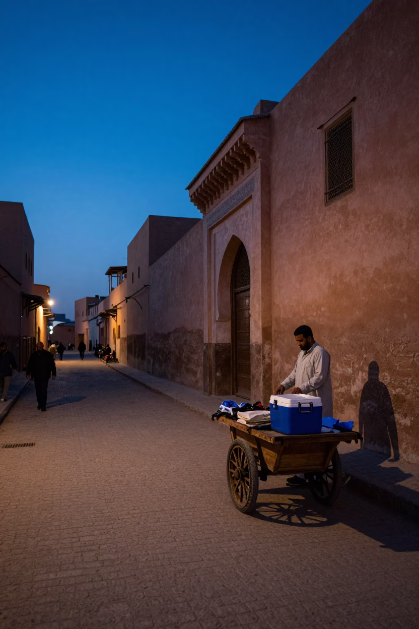 Indigo Twilight Street Scene in Marrakech Morocco with Vendor and Cooler Jug in in Marrakech, Morocco