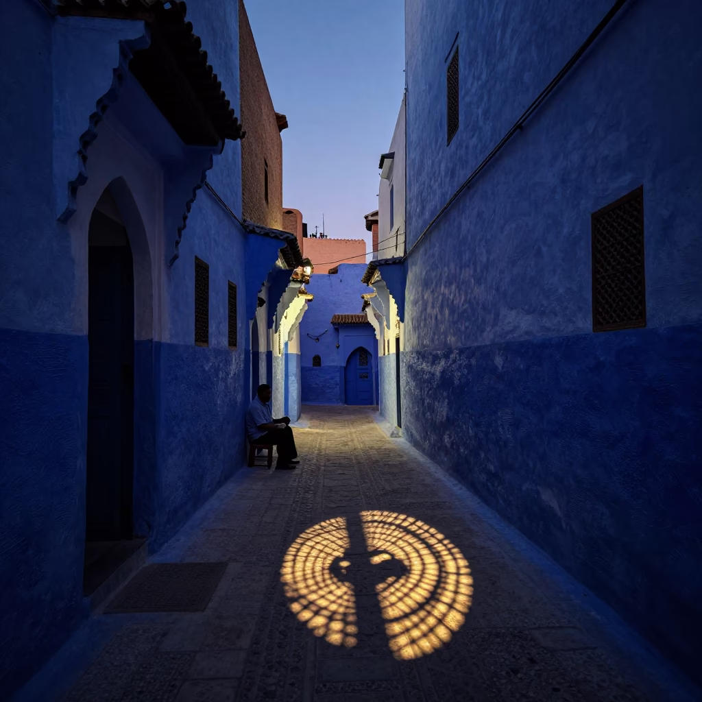 Indigo Twilight Street Scene in Marrakech Morocco with Wicker Shadow and Potted Geraniums in in Marrakech, Morocco