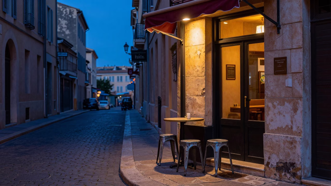 Indigo Twilight Street Scene in Marseille France with Café Table and Steam in in Marseille, France