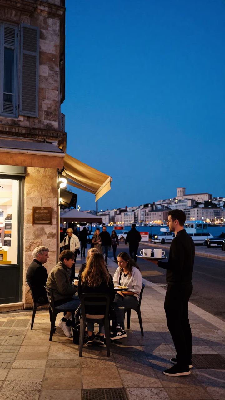 Indigo Twilight Street Scene in Marseille France with Coffee Mugs and Local Life in in Marseille, France
