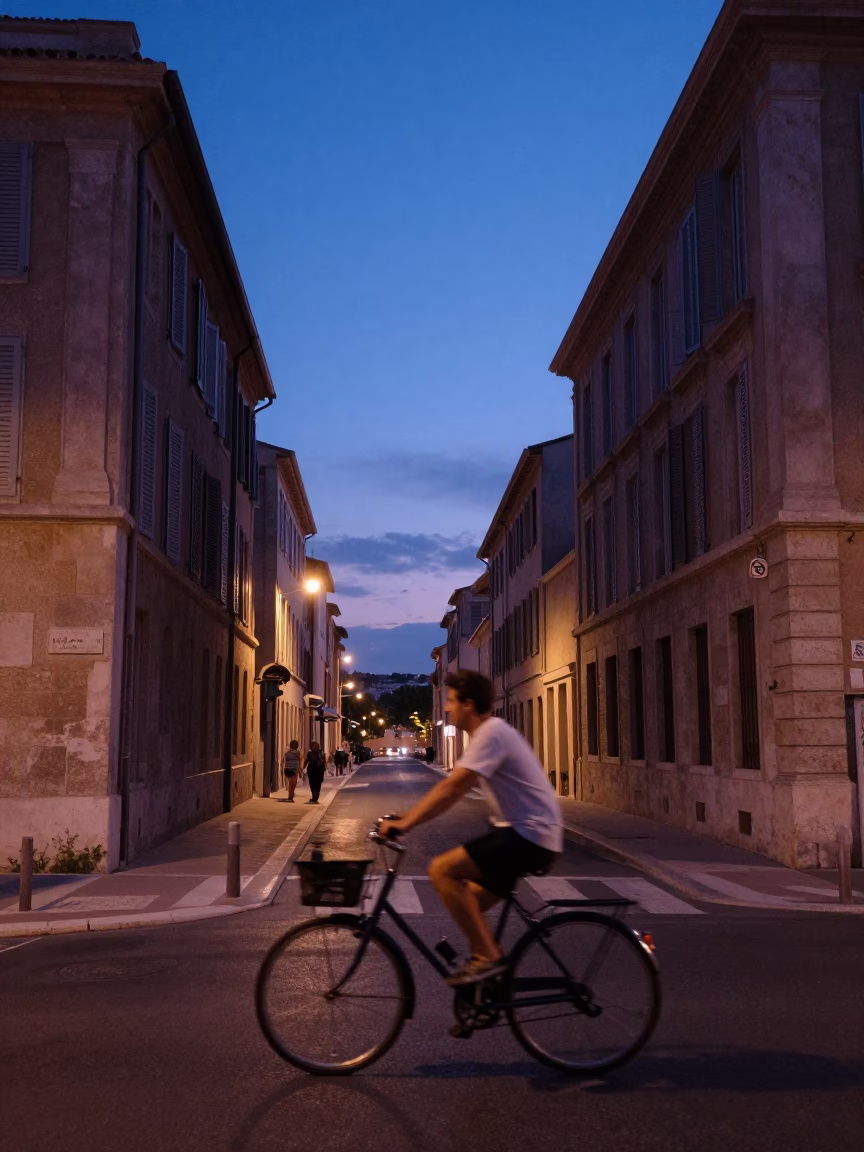 Indigo Twilight Street Scene in Marseille France with Cyclist and Local Architecture in in Marseille, France