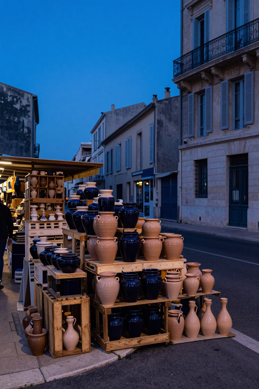 Indigo Twilight Street Scene in Marseille France with Pottery Market Stacked Wares in in Marseille, France
