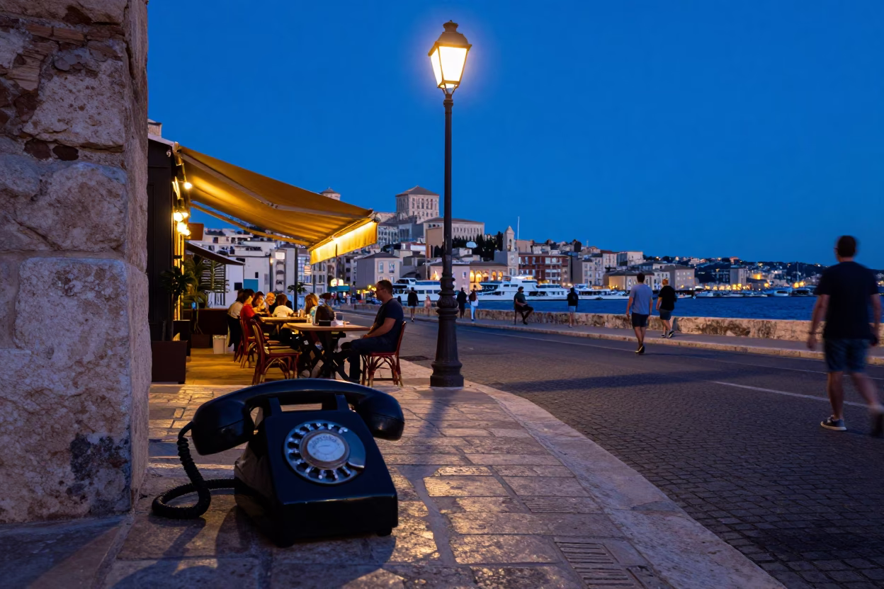 Indigo Twilight Street Scene in Marseille France with Vintage Bakelite Telephone and Ceramic Cup in in Marseille, France