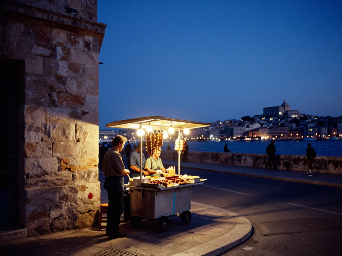 Indigo Twilight Street Scene in Marseille with Sate Skewers and Local Interaction in in Marseille, France