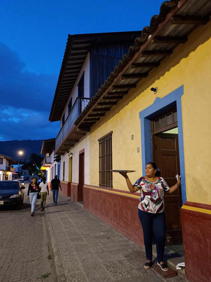 Indigo Twilight Street Scene in Medellin Colombia with Colorful Details in in Medellin, Colombia