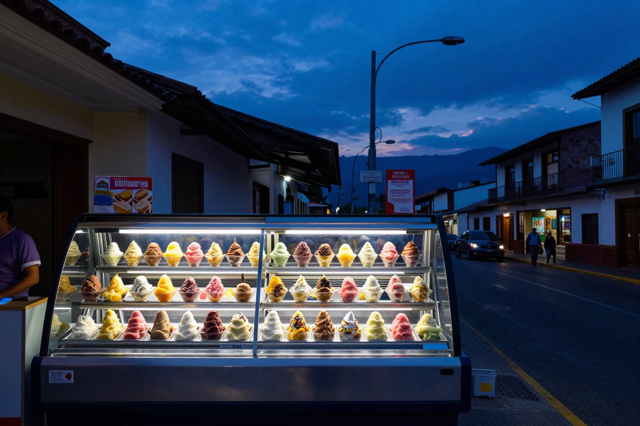 Indigo Twilight Street Scene in Medellin Colombia with Gelato Display and Vintage Door Handle in in Medellin, Colombia