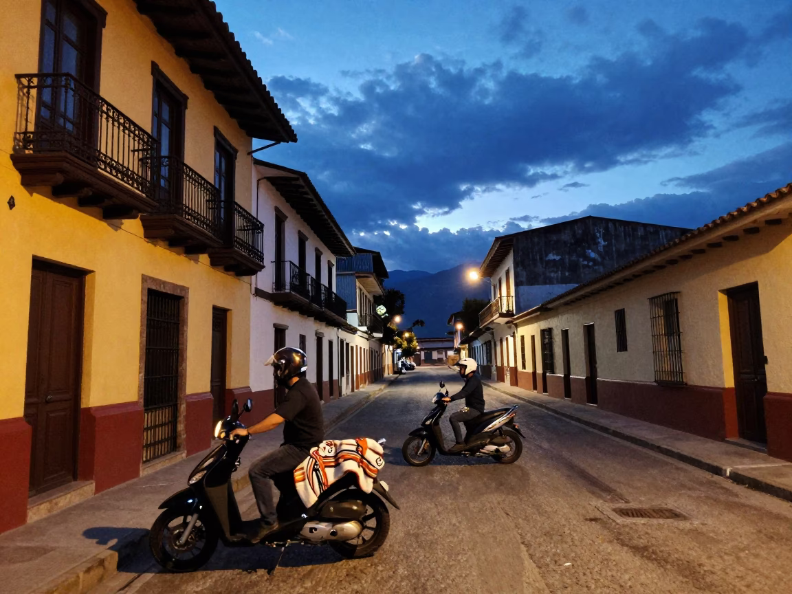 Indigo Twilight Street Scene in Medellin Colombia with Scooter and Blanket in in Medellin, Colombia