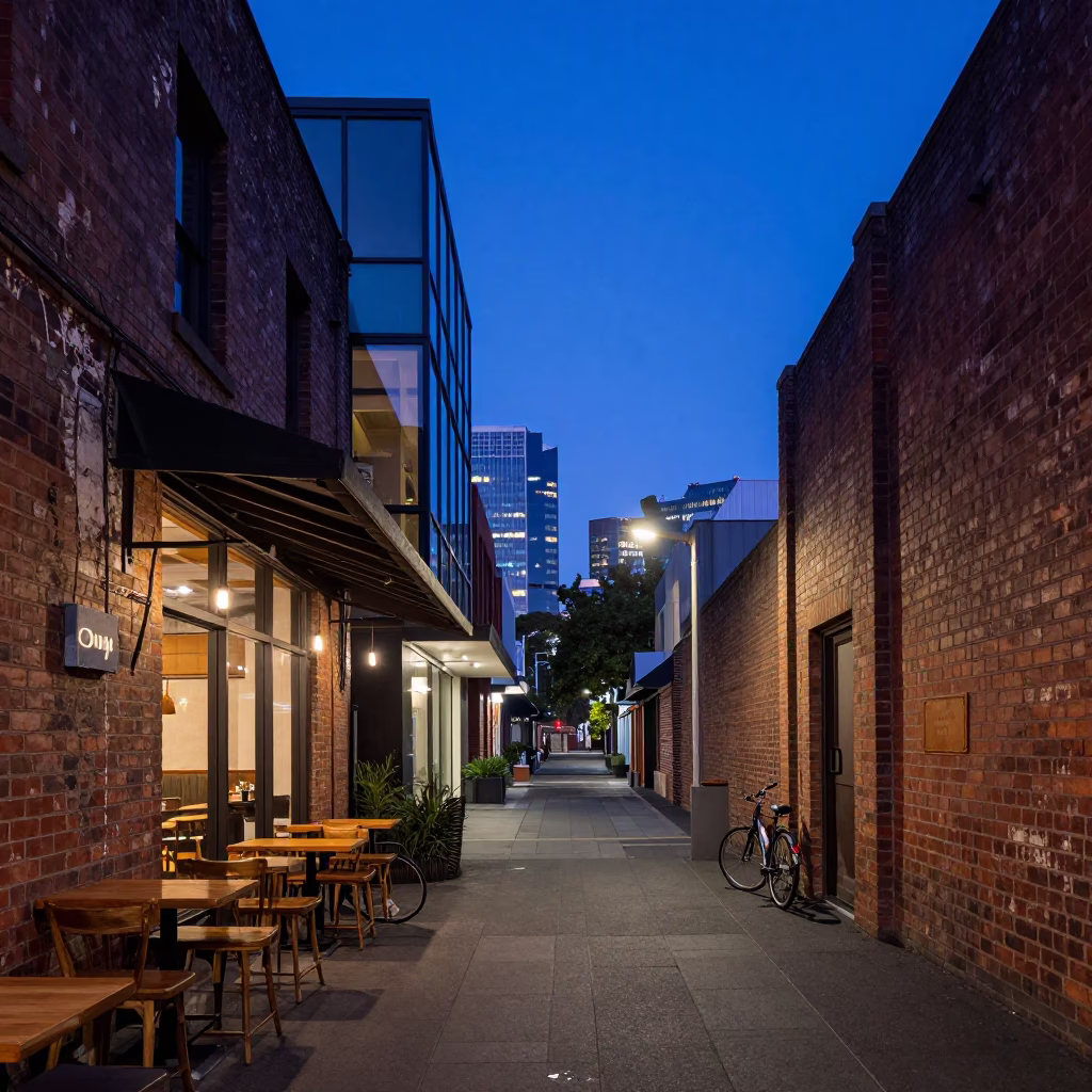 Indigo Twilight Street Scene in Melbourne Victoria Australia with Cafe Details in in Melbourne, Victoria, Australia