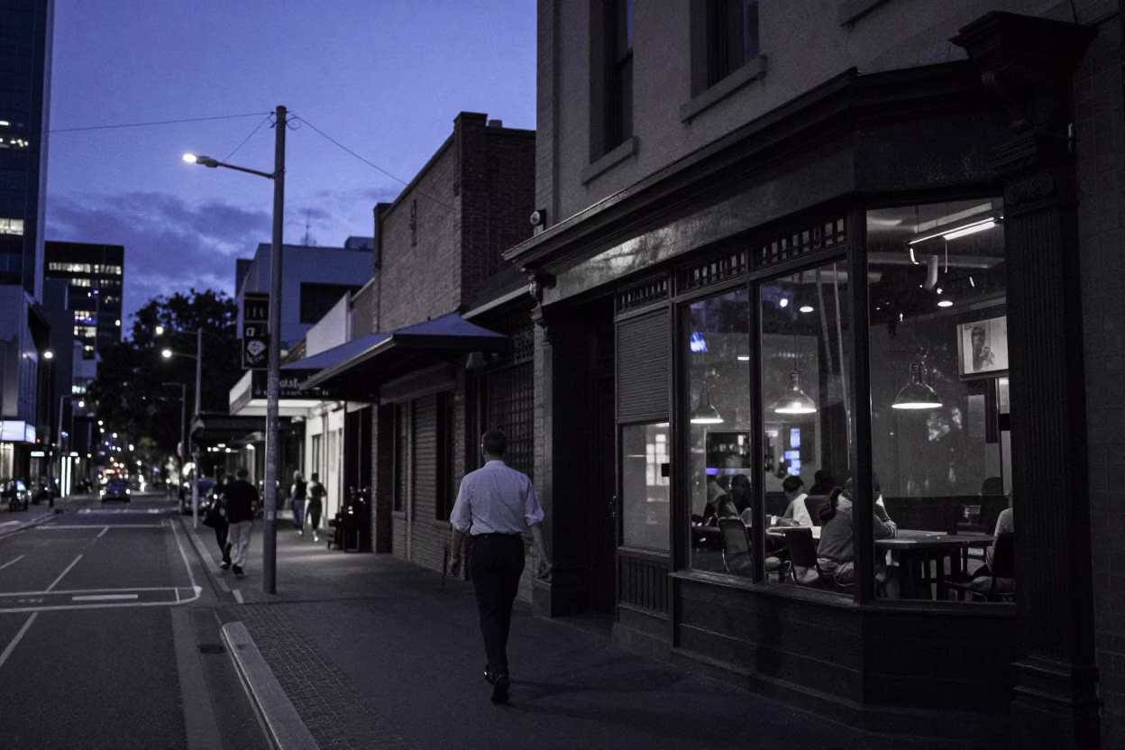 Indigo Twilight Street Scene in Melbourne Victoria Australia with Urban Details in in Melbourne, Victoria, Australia