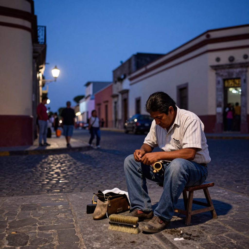 Indigo Twilight Street Scene in Merida Mexico with Shoe Brush and Pocket Watch in in Merida, Mexico