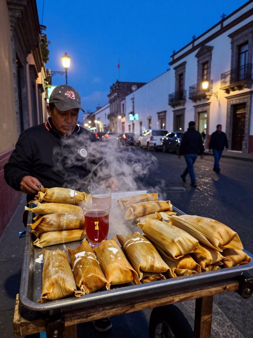 Indigo Twilight Street Scene in Mexico City Featuring Tamales and Tea Stains in in Mexico City, Mexico