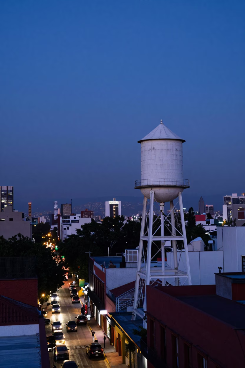 Indigo Twilight Street Scene in Mexico City Rooftop Water Tower and Bicycle in in Mexico City, Mexico