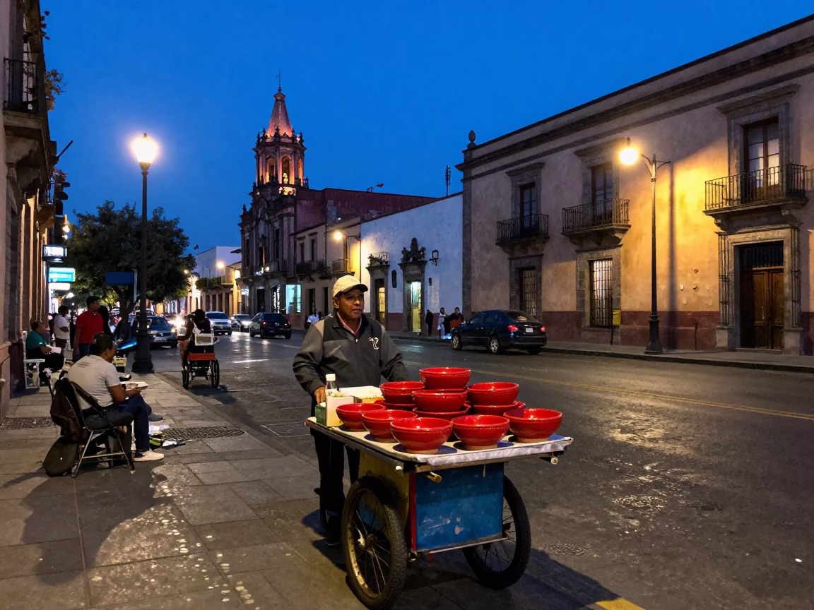 Indigo Twilight Street Scene in Mexico City With Colorful Vendors And Busy Pedestrians in in Mexico City, Mexico